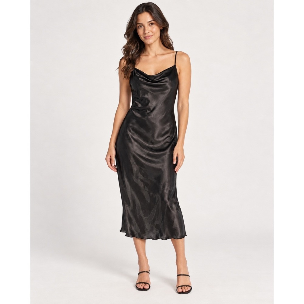 Bebe Black Satin Cowl Neck Slip Dress Size M Made in USA Y2K Midi